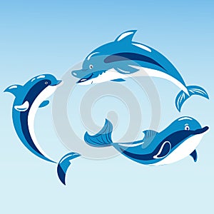 Cute dolphins aquatic marine nature ocean blue mammal sea water wildlife animal vector illustration.