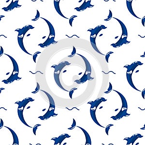 Cute dolphins aquatic marine nature ocean seamless pattern mammal sea water wildlife animal illustration.
