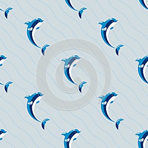 Cute dolphins aquatic marine nature ocean seamless pattern mammal sea water wildlife animal vector illustration.