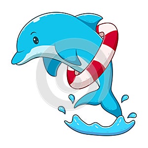 Cute Dolphins Playing With Floating Rings Cartoon. Animal Icon Concept. Flat Cartoon Style. Suitable for Web Landing Page, Banner