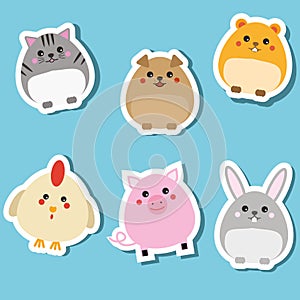 Cute domestic animals. Stickers set. Vector illustration. Cat, rabbit, puppy, pig, hamster