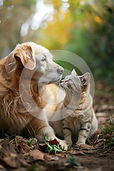 cute domestic pets hugging and have fun together, friendship of cats and dogs, adorable animals