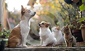 cute domestic pets hugging and have fun together, friendship of cats and dogs, adorable animals