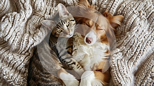 cute domestic pets hugging and sleeping together, friendship of cats and dogs, adorable animals