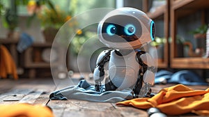 Cute domestic robot assistant tidying up messy kids\' room