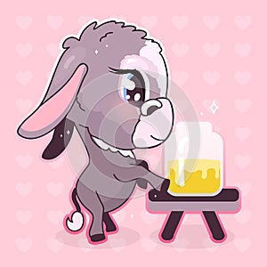 Cute donkey kawaii cartoon vector character. Adorable and funny animal tasting honey in jar isolated sticker, patch, girlish photo