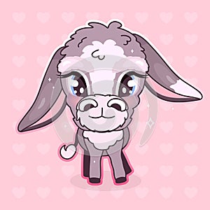Cute donkey kawaii cartoon vector character. Adorable and funny cool animal isolated sticker, patch, girlish illustration. Anime photo