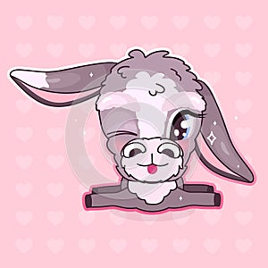 Cute donkey kawaii cartoon vector character. Adorable and funny, happy animal winking isolated sticker, patch, girlish photo
