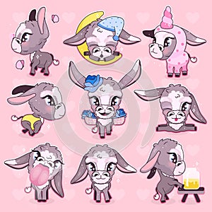 Cute donkey kawaii cartoon vector characters set. Adorable and funny mule, burro animal isolated stickers, patches. Anime baby photo