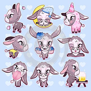 Cute donkey kawaii cartoon vector characters set. Adorable and funny mule, burro animal isolated stickers, patches, girlish photo
