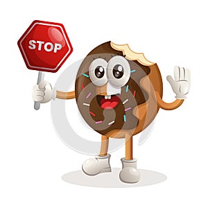 Cute donut mascot holding stop sign, street sign, road sign