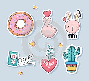 Cute donut rabbit heart cactus mp3 music love stuff for cards stickers or patches decoration cartoon