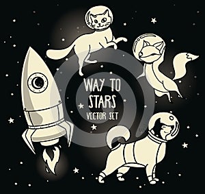 Cute doodle animal-astronauts and retro style rocket floating in space