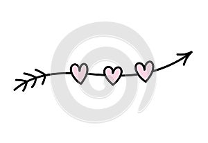 Cute doodle arrow with hearts isolated on white background