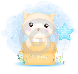 Cute doodle baby owl boy in the box cartoon character Premium Vector