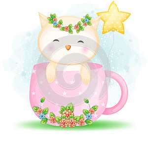 Cute doodle baby owl in cup cartoon character Premium Vector