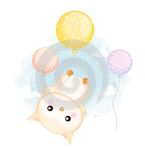 Cute doodle baby owl floating with balloons in the air cartoon character Premium Vector