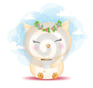 Cute doodle baby owl holding tea cup cartoon illustration. animal food Premium Vector