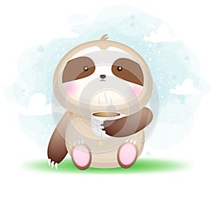 Cute doodle baby sloth holding tea cup cartoon illustration. animal food Premium Vector