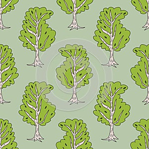 Cute doodle birch tree seamless pattern. Hand drawn forest background