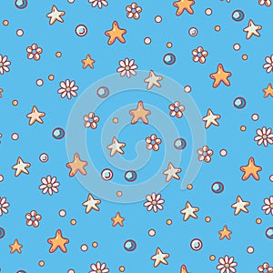 Cute doodle blue star and daisy flowers seamless pattern