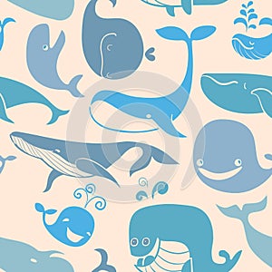 Cute doodle Blue Whales. Marine seamless background.