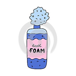 Cute doodle bottle of bath foam shampoo. Blue bath and shower cosmetic for aromatic bathe with bubbles. Plastic bottle