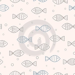 Cute doodle brown and blue fishes with simple pattern and bubble on light calm pink background. Seamless ocean pattern.