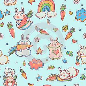 Cute doodle bunny with rainbow seamless pattern