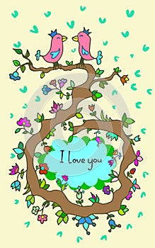 Cute doodle card with birds in love and floral background