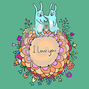 Cute doodle card with bunnies in love