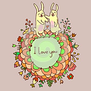 Cute doodle card with bunnies in love