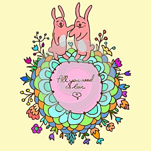 Cute doodle card with bunnies in love