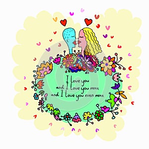 Cute doodle card with couple in love and floral background