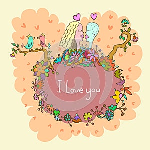 Cute doodle card with couple in love and floral background