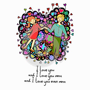 Cute doodle card with couple in love and floral background