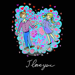 Cute doodle card with couple in love and floral background