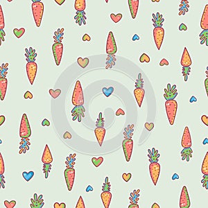 Cute doodle carrot and hearts neutral vector seamless pattern