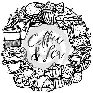 Cute doodle cartoon coffee and bakery shop. vector outline hand drawn for coffee and bakery for cafe menu, including supply item