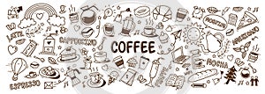 Cute doodle cartoon coffee shop icons. vector outline hand drawn for coffee and bakery for cafe menu, including supply item