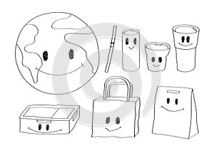 Cute doodle cartoon earth and wares,  paper and cloth bags, bottle cup and straw.