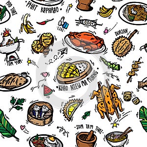 cute doodle cartoon regional tasty Thai foods popular menu , desserts ,fruit and ingredients. drawing seamless pattern background