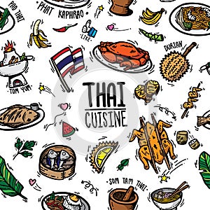 cute doodle cartoon regional tasty Thai foods popular menu , desserts ,fruit and ingredients. drawing seamless pattern background