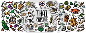 cute doodle cartoon regional tasty Thai foods popular menu , desserts ,fruit and ingredients. drawing vector outline colorful hand