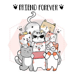 Cute doodle cat friend gang take selfie, friend forever, graphic vector hand drawn, idea for cut file and silhouette, sublimation