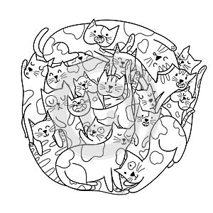 Cute doodle cats circle shape coloring page. Doodle mandala with funny feline animals