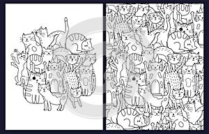 Cute doodle cats coloring pages set. Black and white templates with funny feline characters