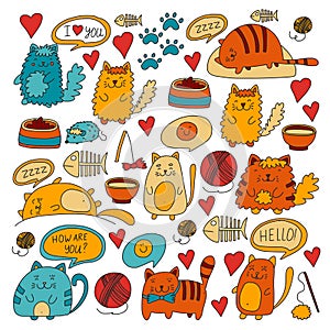 Cute doodle cats, kitty Domestic cats Vector sets with cute kittens for pet shop, cattery, veterinary clinic Doodle