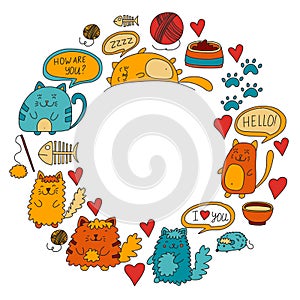 Cute doodle cats, kitty Domestic cats Vector sets with cute kittens for pet shop, cattery, veterinary clinic Doodle