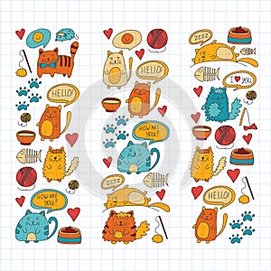 Cute doodle cats, kitty Domestic cats Vector sets with cute kittens for pet shop, cattery, veterinary clinic Doodle